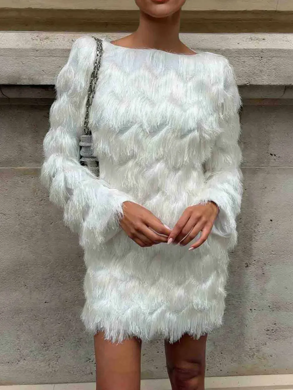 Textured Fringe Long Sleeve Elegant Mini Dress