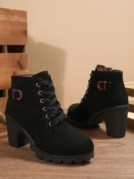 Women's Lace-Up Chunky Heel Short Boots, Metal Buckle Accent, Fashionable & Versatile