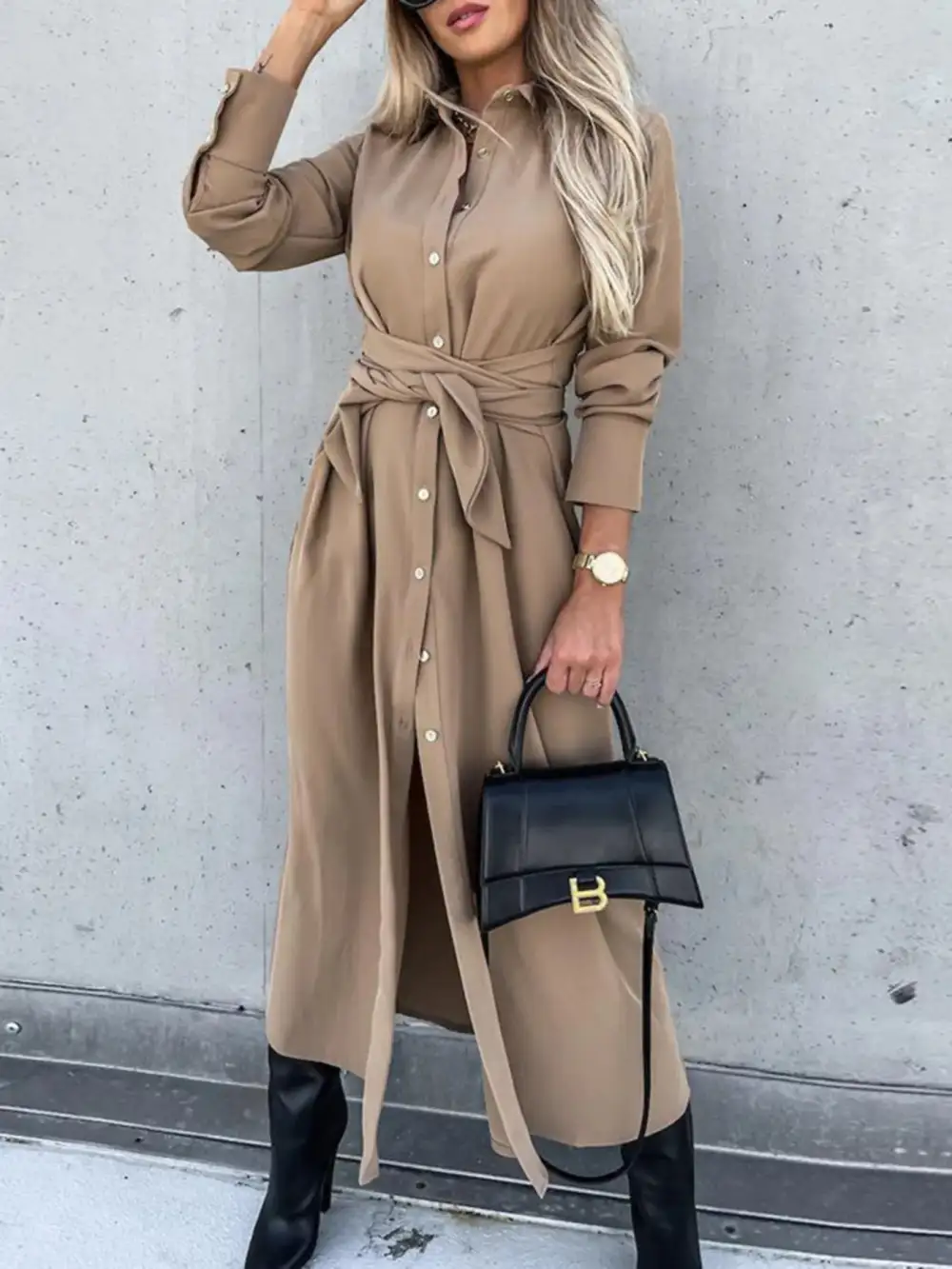 Textured Detail Button Front Long Sleeve Shirt Dress