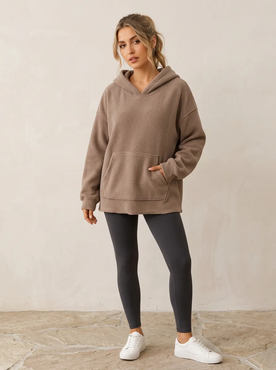Women's Casual Minimalist Brown Fleece Pullover Hoodie