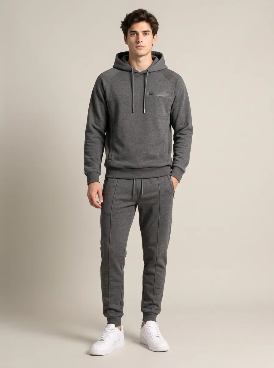 Men's Casual Sporty Charcoal Grey Zipper Pocket Hoodie Jogger Set