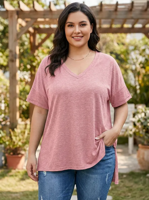 Women's Plus Size Casual Grey Solid V-Neck Loose T-Shirt