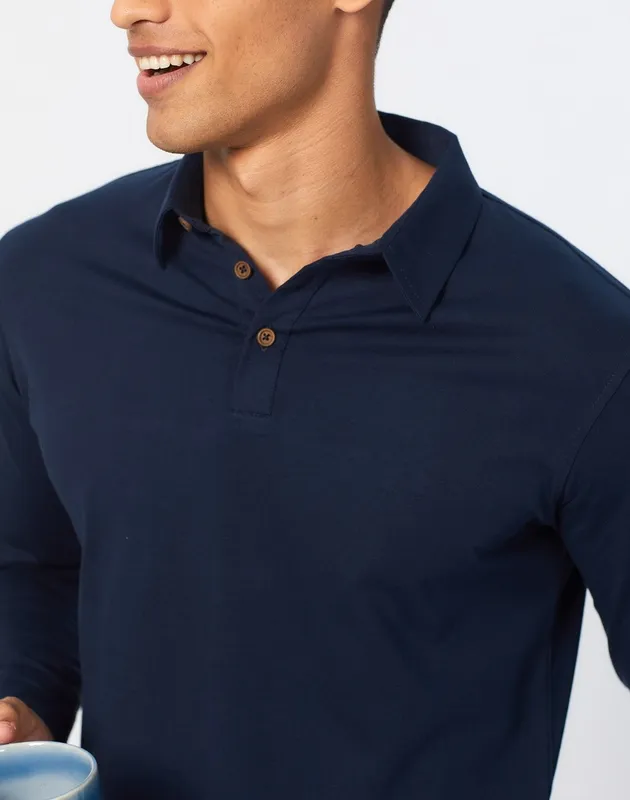 Deep Blue Long Sleeve Cotton Polo Shirt