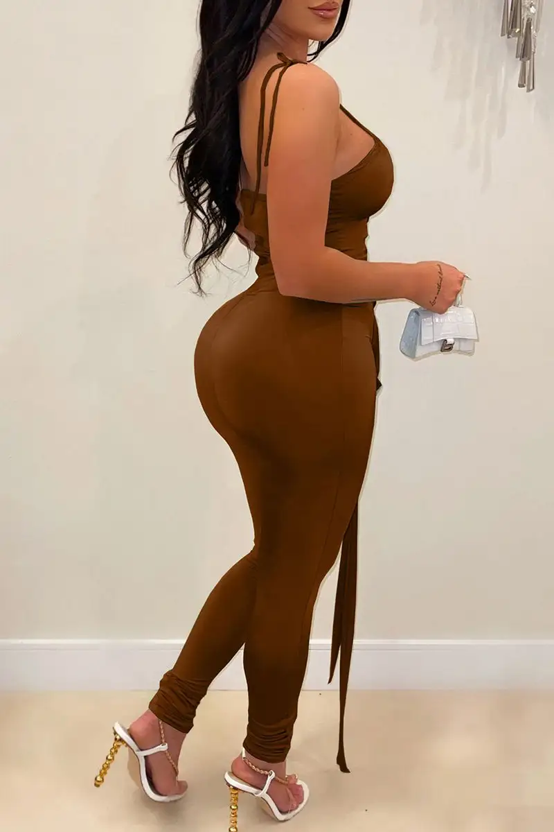 Fashion Sexy Solid Bandage Backless Spaghetti Strap Skinny Jumpsuits