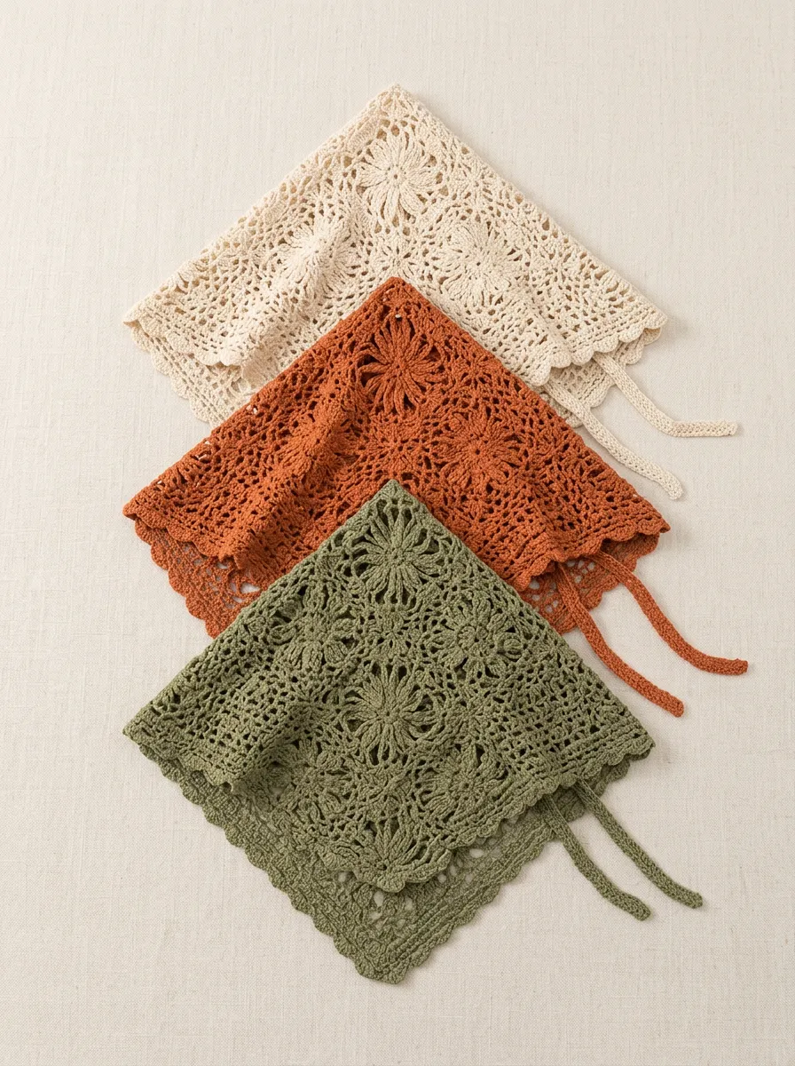 Refined Floral Crochet Three-Piece Bandana Headscarf Set