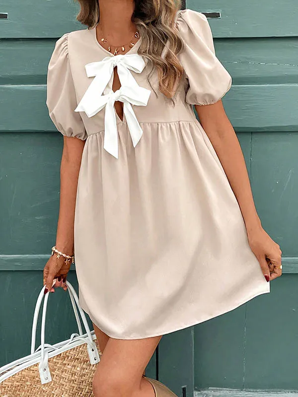 A Line Relaxed Bowknot Elasticity Pleated Round Neck Mini Dress