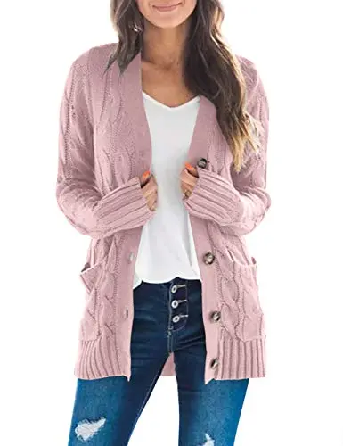 Women's Long Sleeve Cable Knit Sweater Open Front Cardigan Button Loose Outerwear