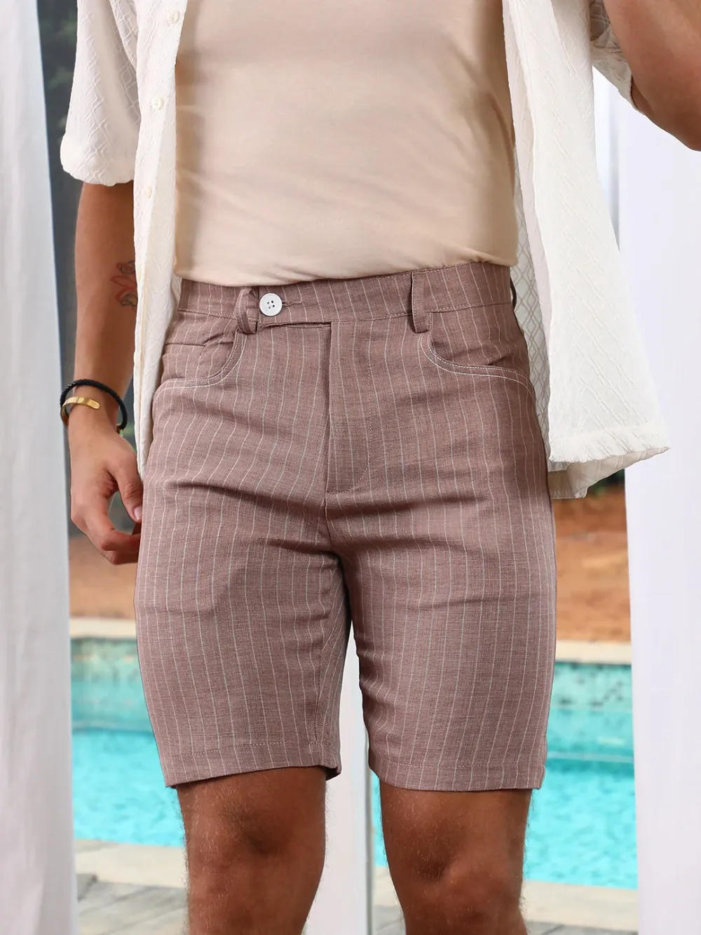 Brown Casual Style Striped Shorts