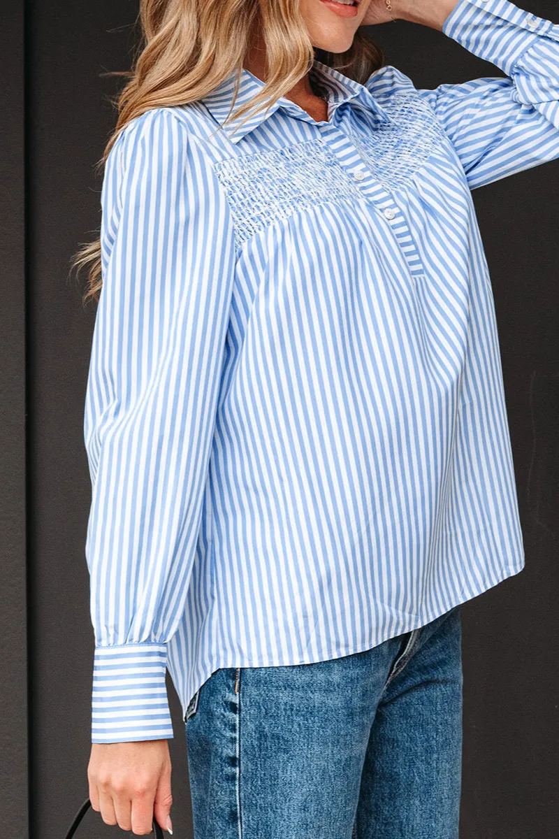 Striped Shirred Half Placket Blouse