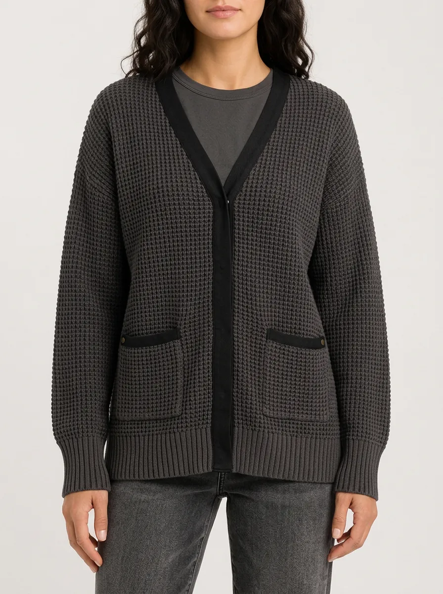 Women's Casual Charcoal Waffle Knit V-Neck Buttoned Cardigan Top