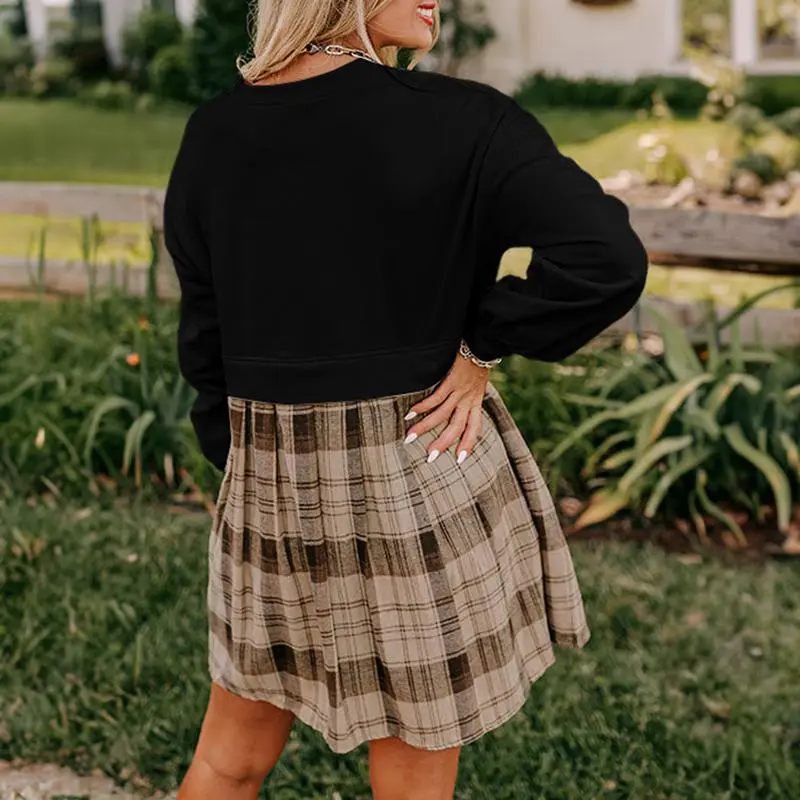 Beige Plaid Patchwork High Waist Sweatshirt Mini Dress
