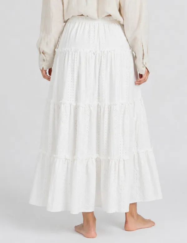 Solid Color Eyelet Tiered Ruffle Maxi Skirt