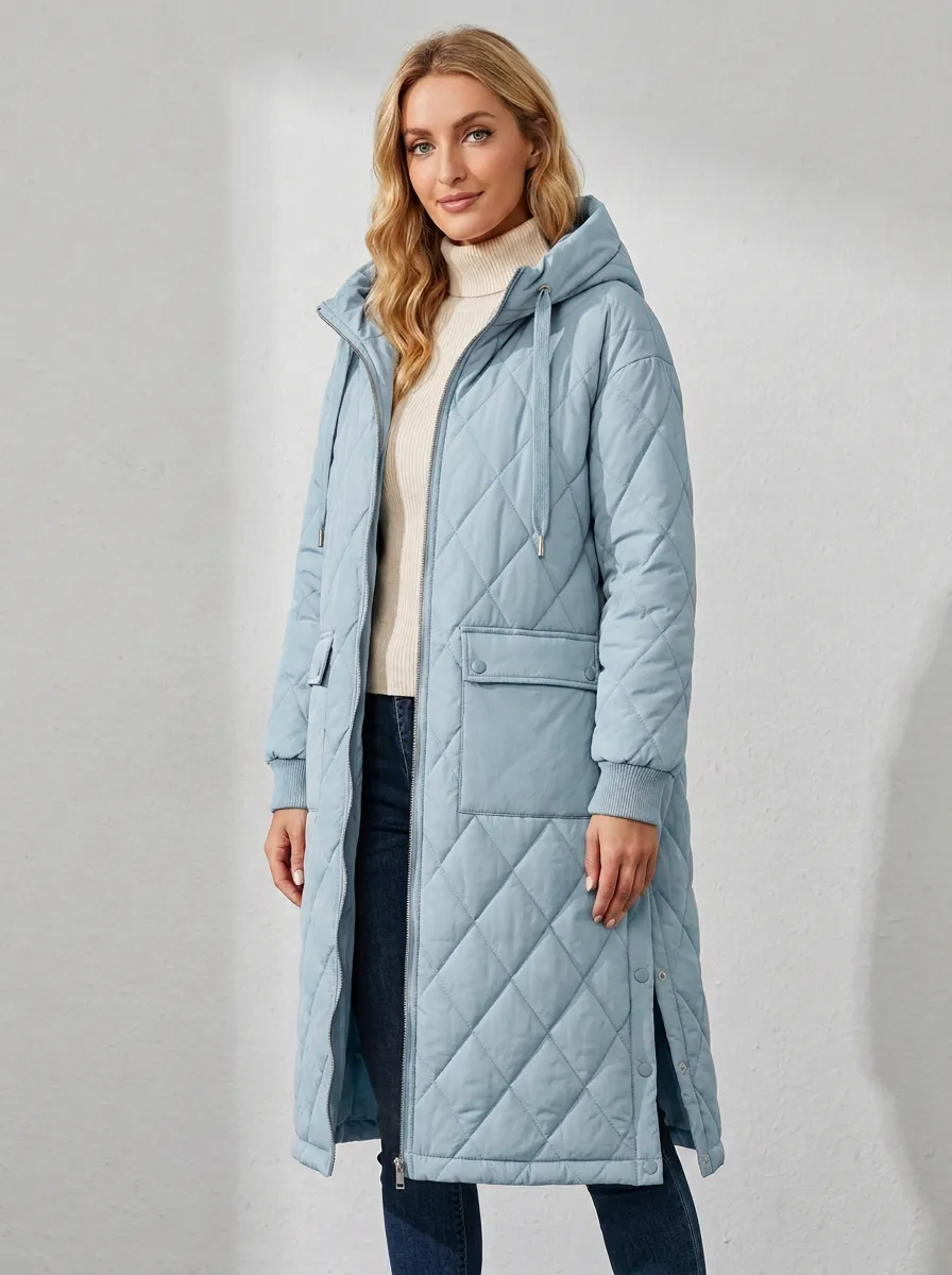 Comfort Diamond-Quilted Long Hooded Coat