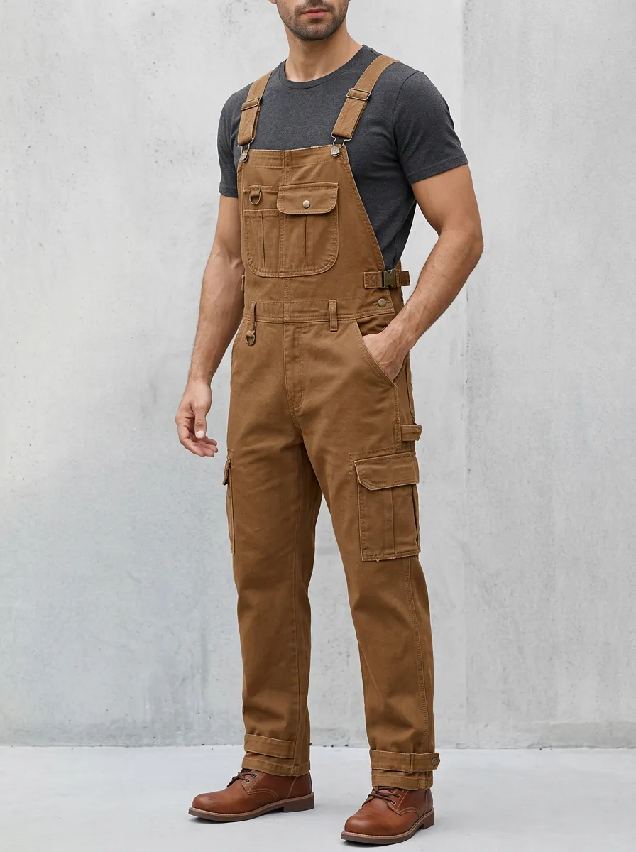 Men's Brown Multi-Pocket Cargo Bib Overalls