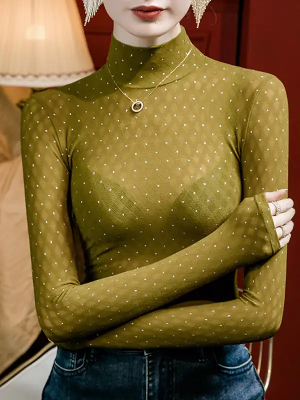 Long Sleeve Curve Fit Rhine Stones Sheer Panel Detail Mock Neck T-Shirt
