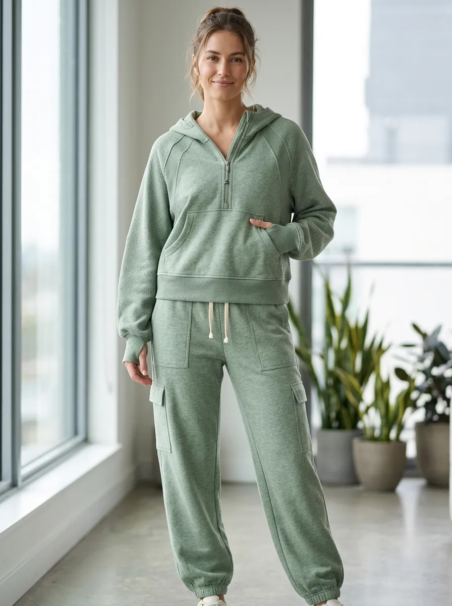 Women's Sage Green Quarter-Zip Hooded Cargo Jogger Set