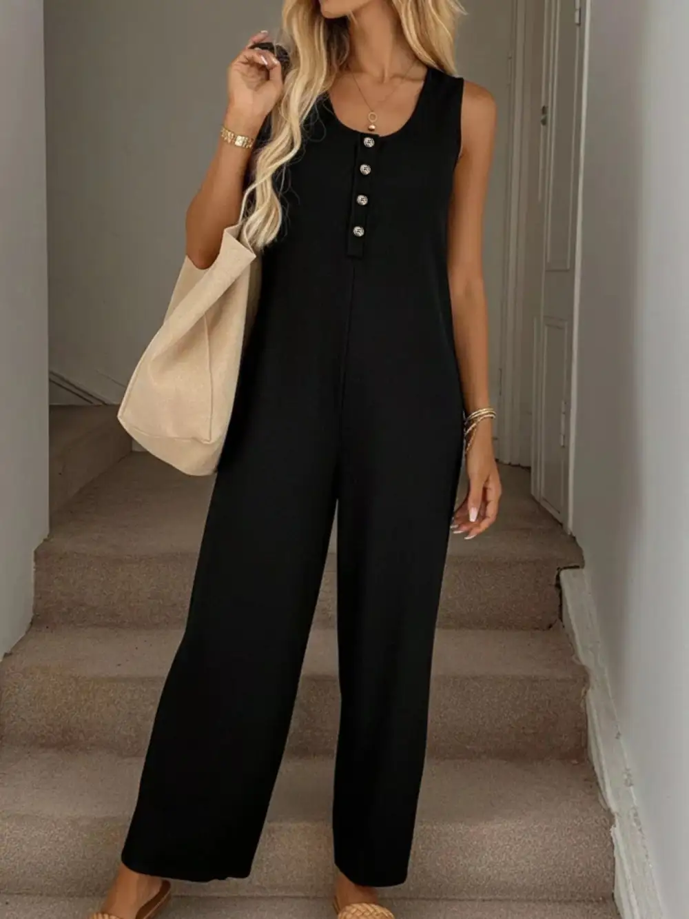 Sleeveless Button Front Wide Leg Everyday Jumpsuit