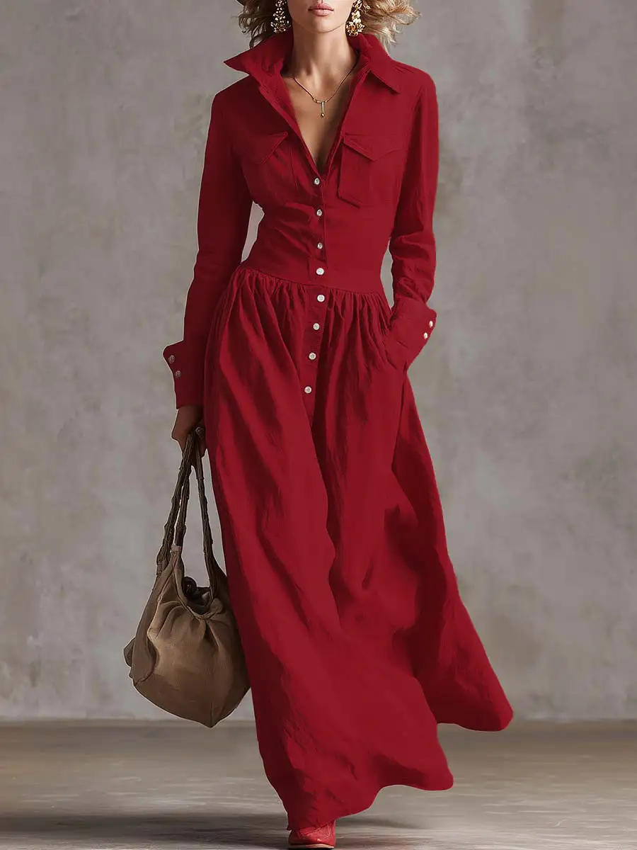 High Pleated Buttoned Long Maxi Dress