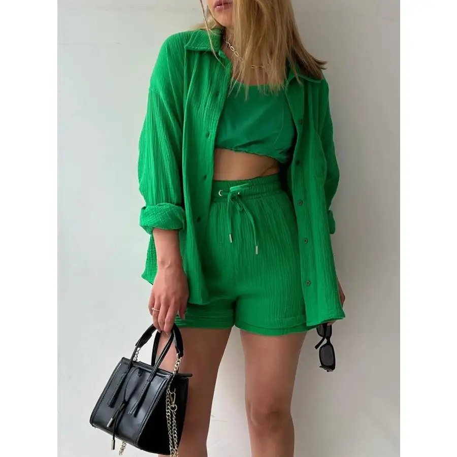 Relaxed Textured Button Up Shirt and Shorts Set