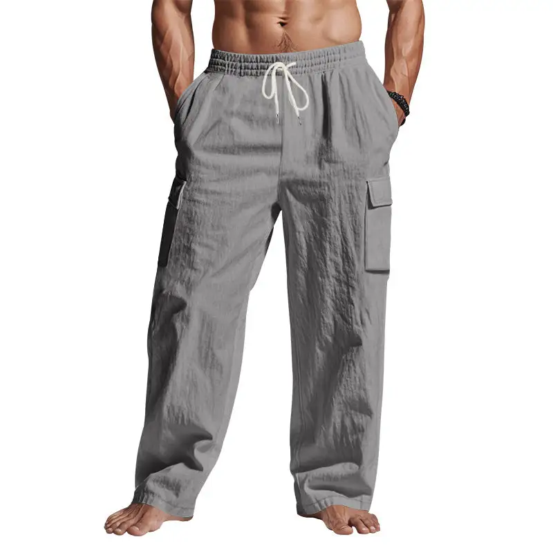Men's Loose Linen Cargo Pants Waistband Pockets