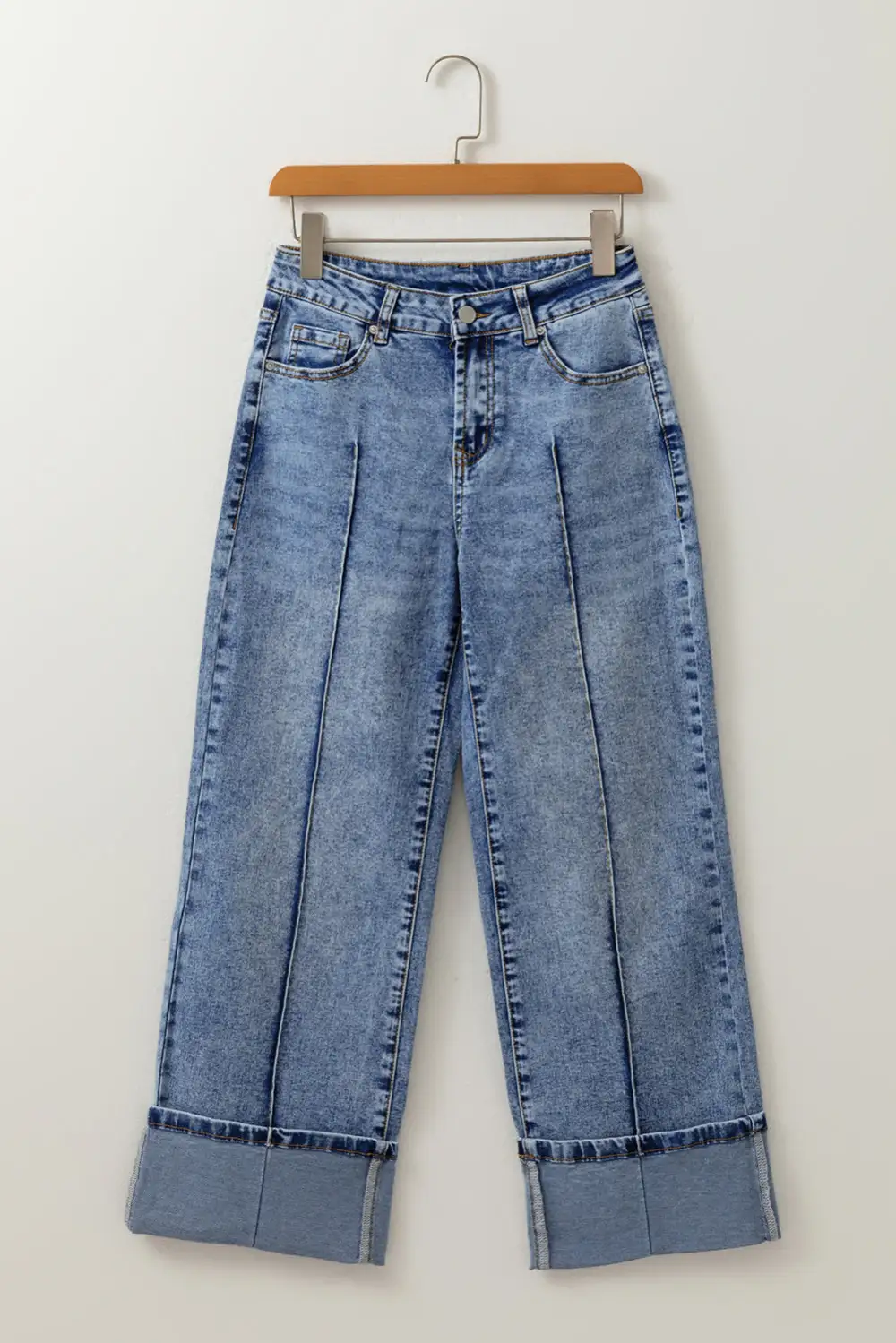 Center Seam Cuffed Hem Straight High Waist Jeans