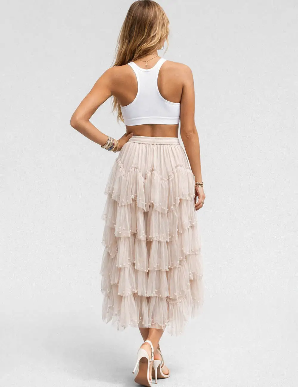 Sheer Mesh Faux Pearl Tiered Ruffle Maxi Skirt