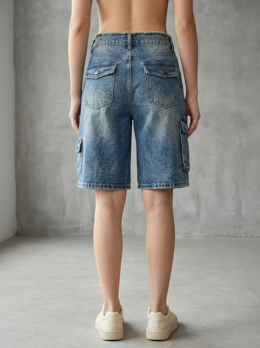 Women's Relaxed Vintage Distressed Multi-Pocket Denim Cargo Shorts Cargo Denim Shorts