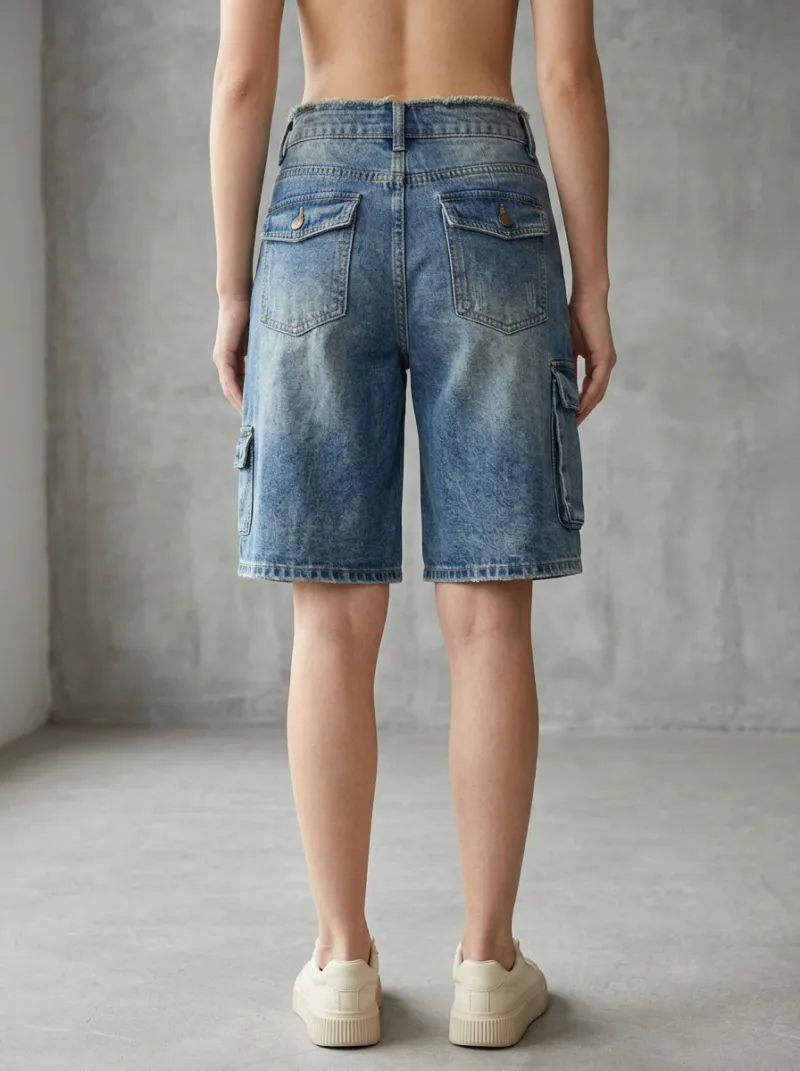 Women's Relaxed Vintage Distressed Multi-Pocket Denim Cargo Shorts Cargo Denim Shorts