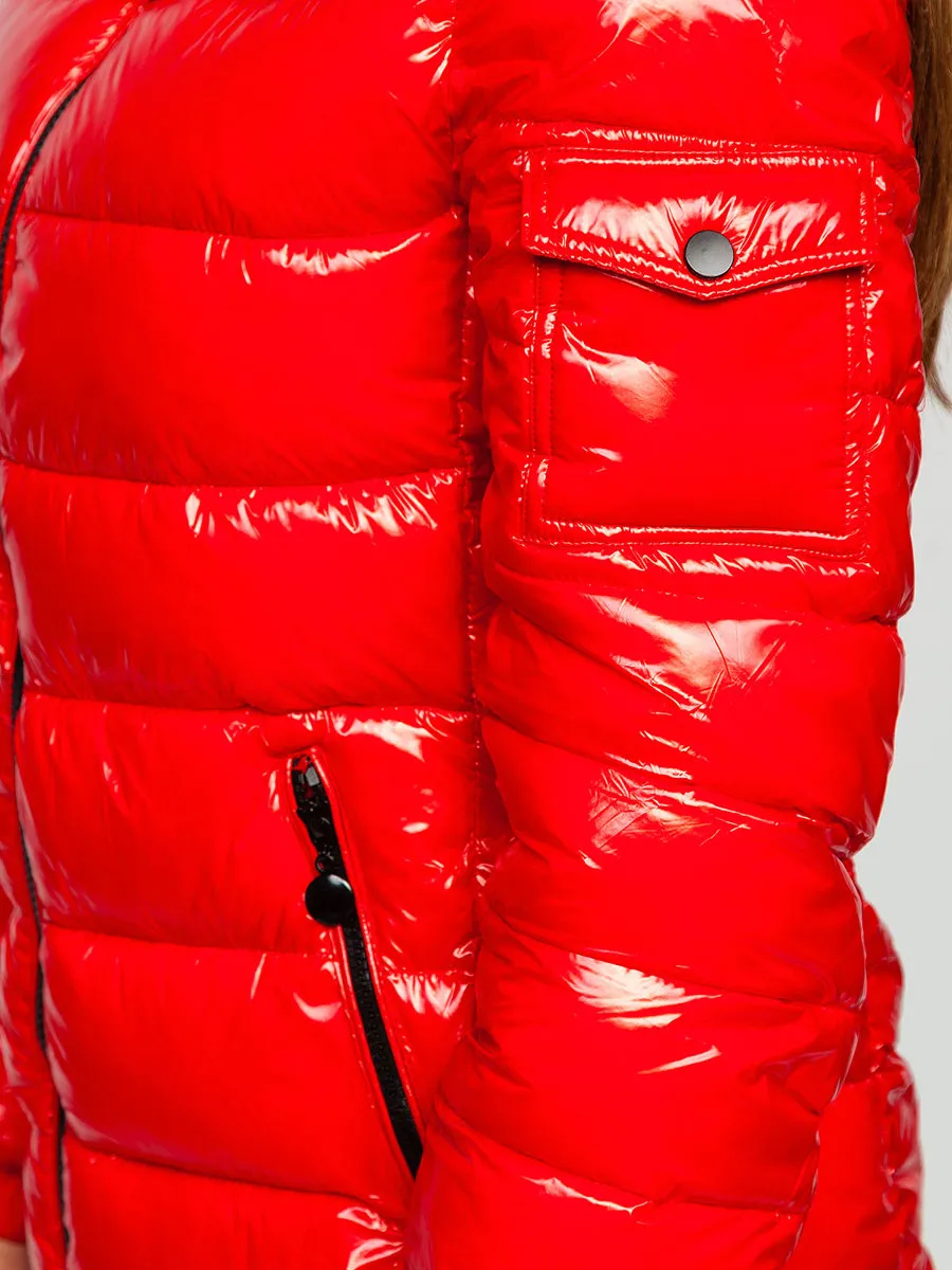 women's red quilted winter jacket with hood