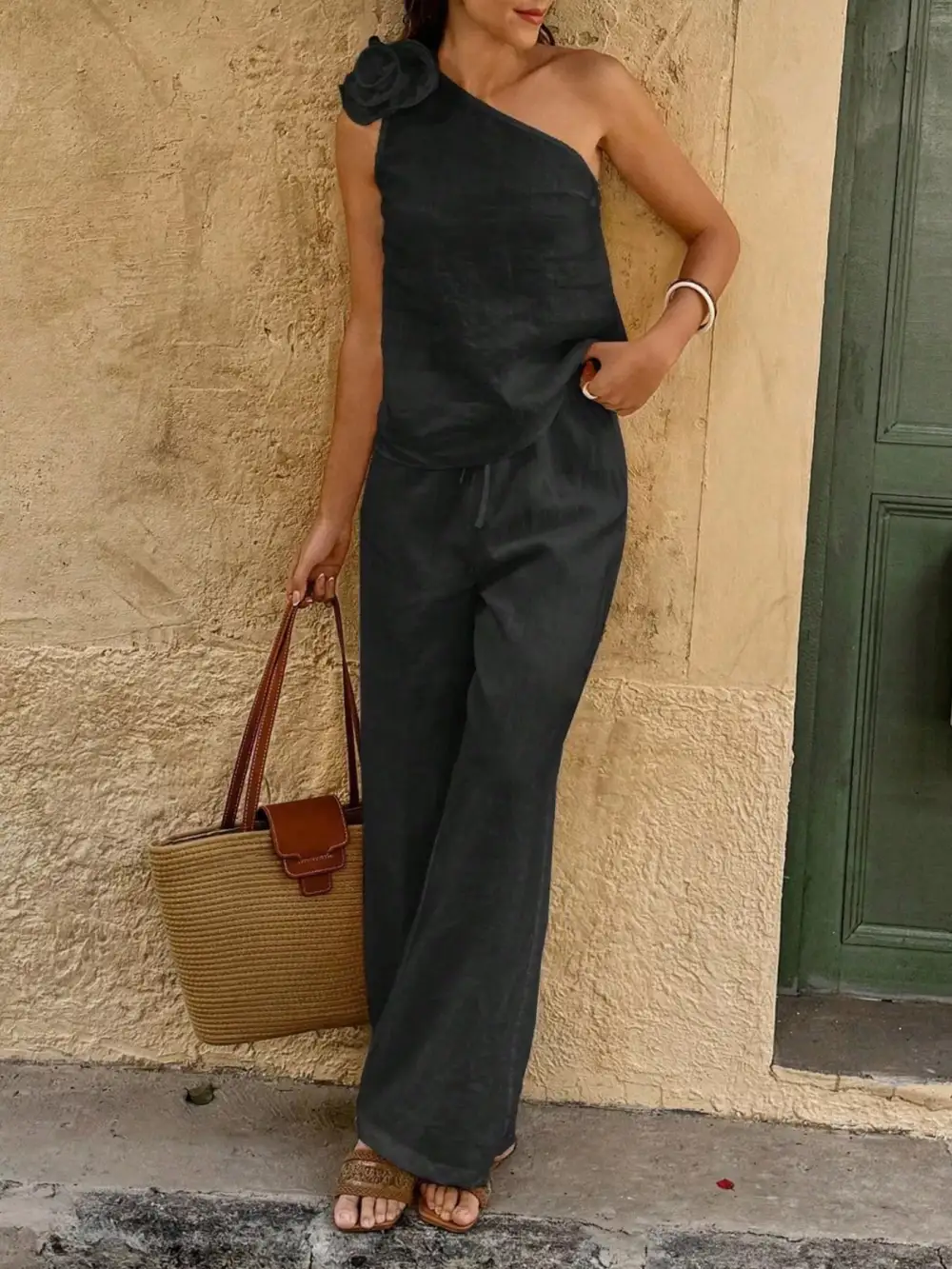 One-shoulder Embellished Top and Pants Set