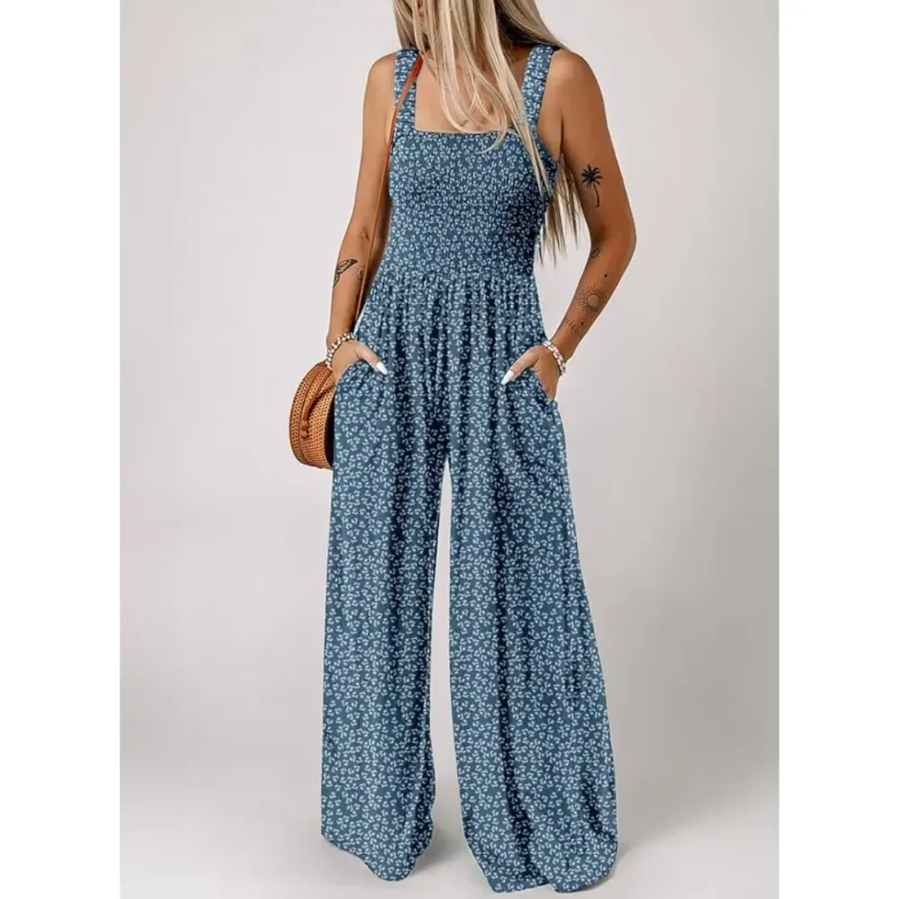 Women's Casual Loose Overalls Jumpsuits One Piece Sleeveless Printed Wide Leg Long Pant Rompers With Pockets Bohemian Womenswear