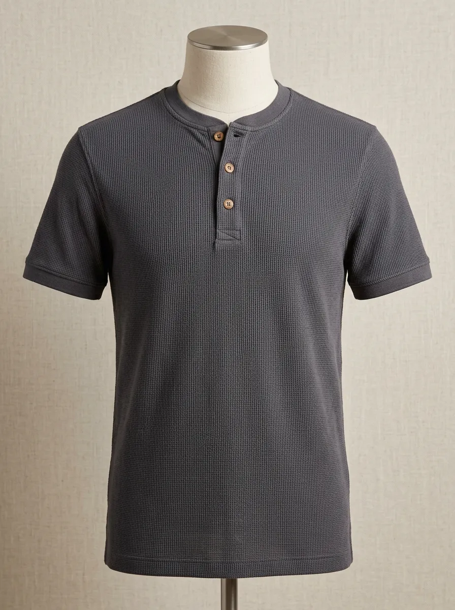 Men's Waffle Knit Button Placket Minimal Henley Shirt