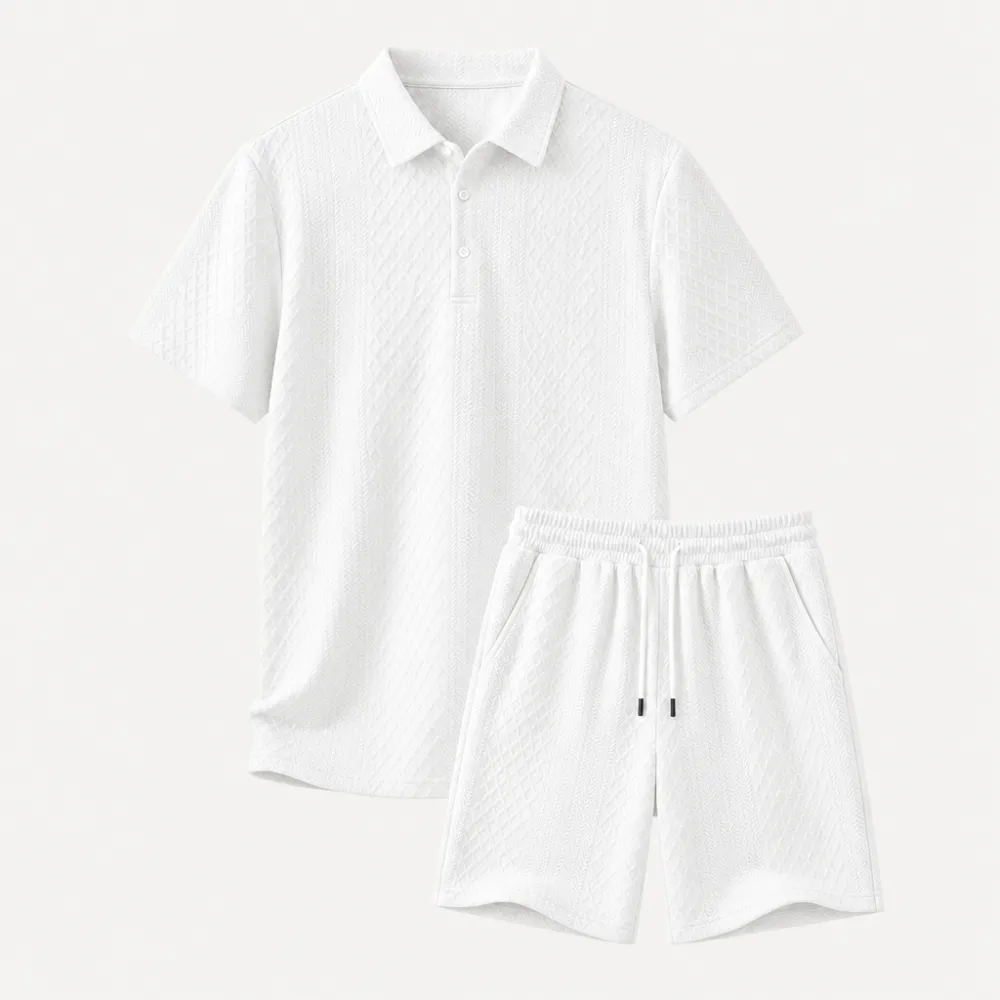 Men's Textured Knit Polo & Shorts Set