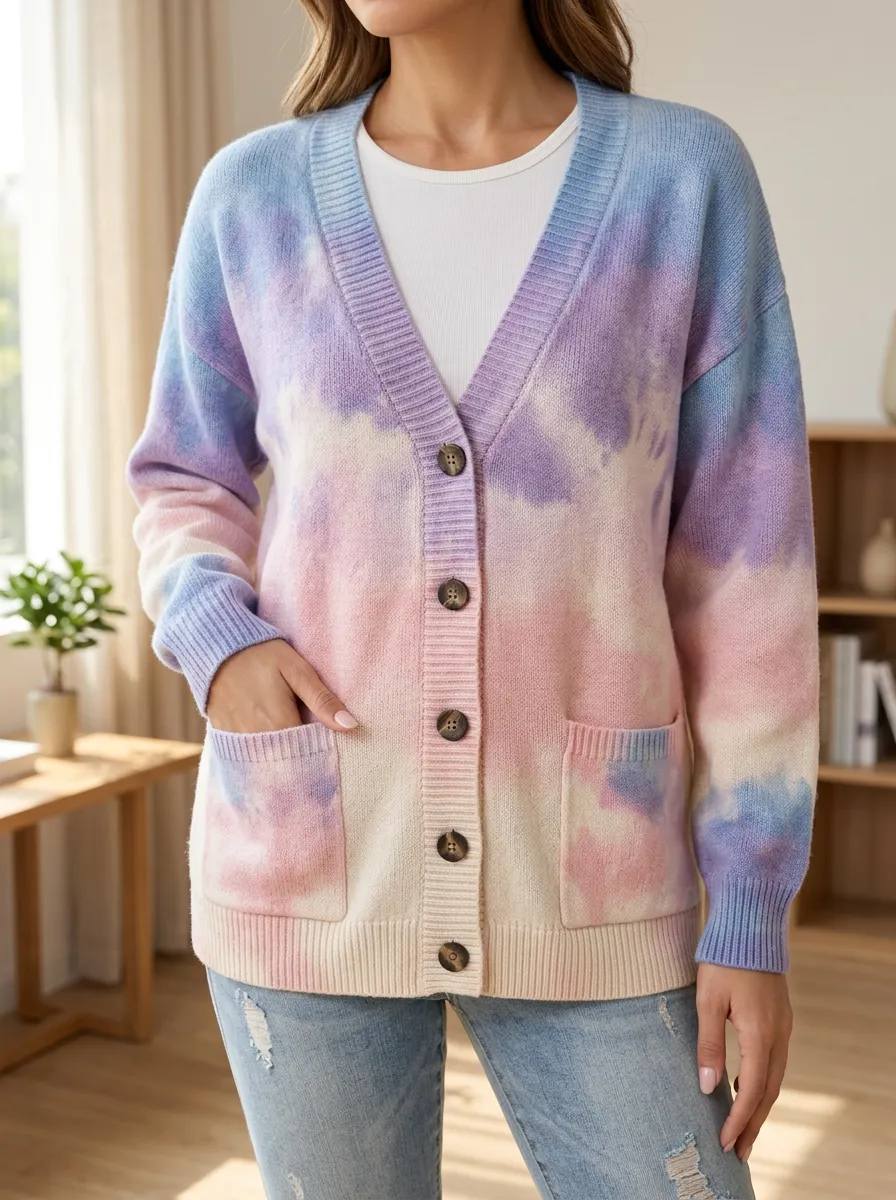 Women's Pastel Tie-Dye Pattern Printed Button Front Modern Wardrobe Cardigan