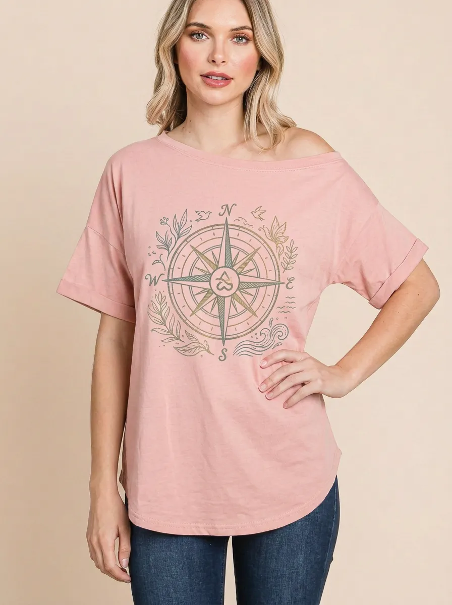 Women's Travel Adventure Compass Floral Graphic Off-Shoulder T-Shirt