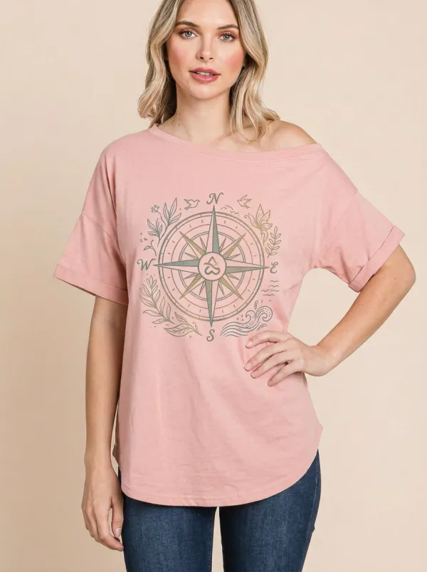 Women's Travel Adventure Compass Floral Graphic Off-Shoulder T-Shirt
