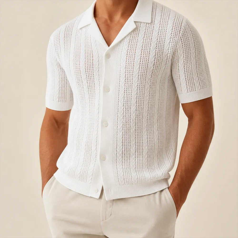 Men’s Open-Knit Short Sleeve Button-Up Shirt