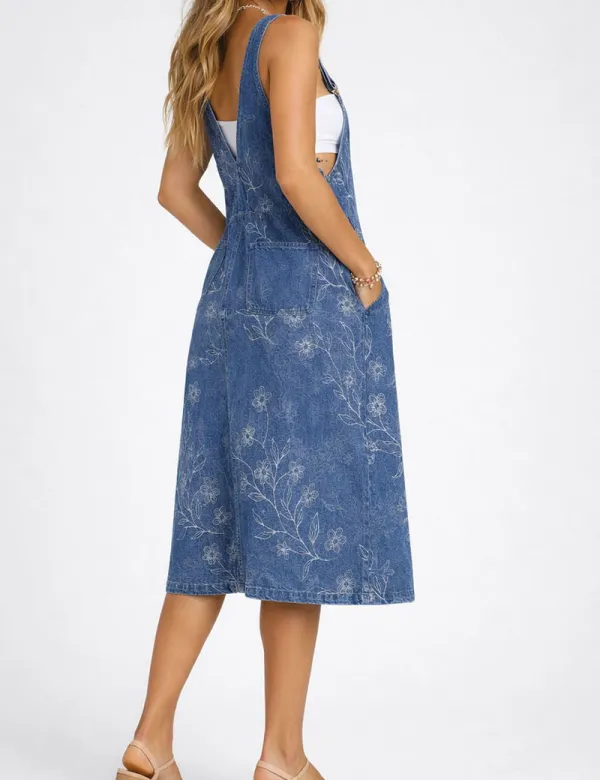 Pattern Two Strap Shoulder Denim Midi Dress