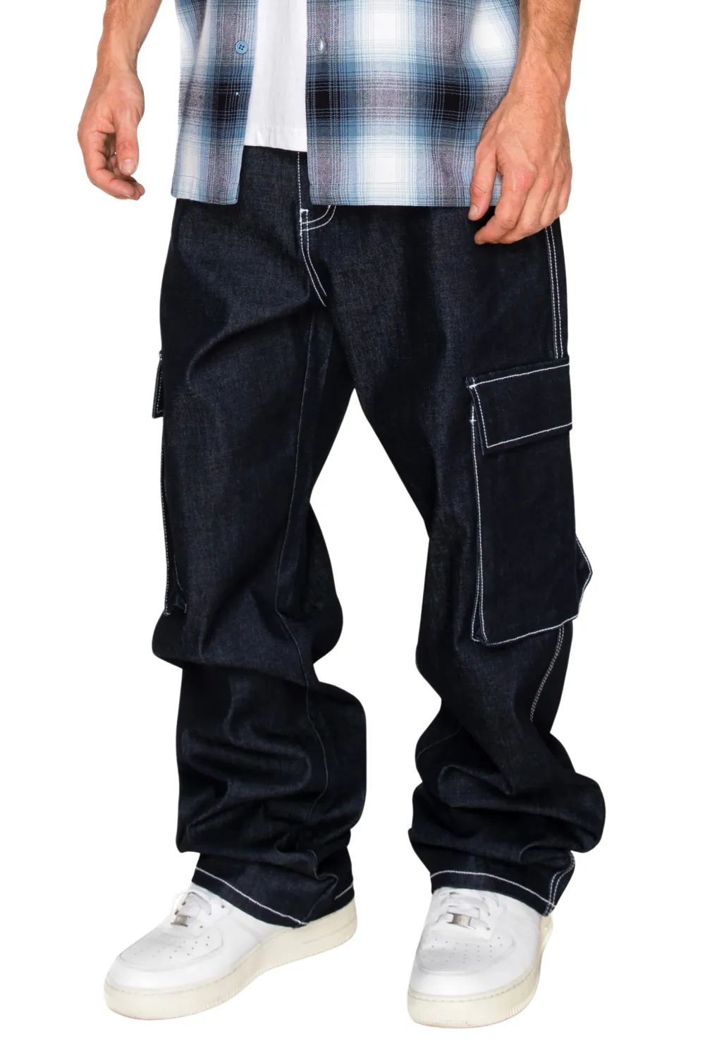 Men's Baggy Fit Raw Denim Cargo Jeans