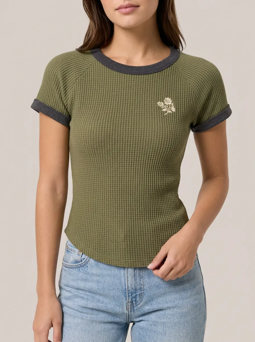 Women's Floral Embroidered Olive Waffle Knit Printed Top
