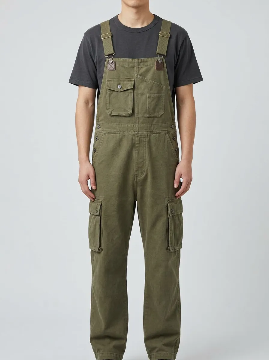 Men's Casual Outdoor Olive Green Cargo Bib Overalls