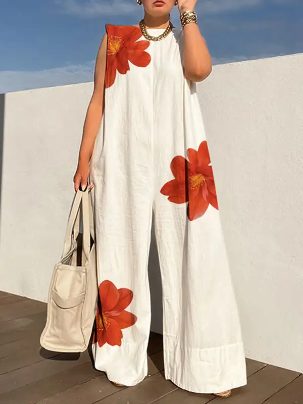Losse Mouwloze Jumpsuits Met Ronde Hals En Bloemenprint