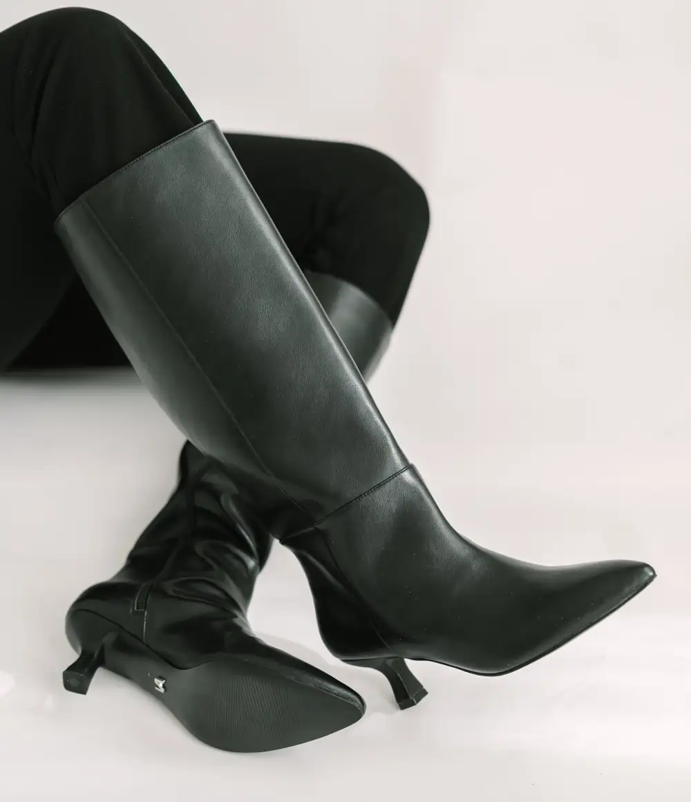 Refined Faux Leather Pointed Toe Kitten Heel Knee High Boots