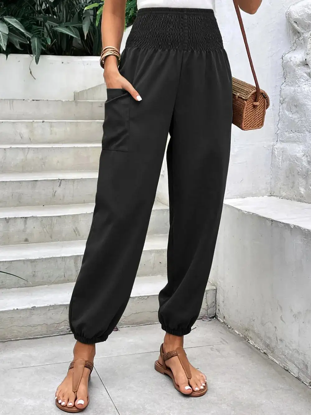 Relaxed Smocked High Waist Pants