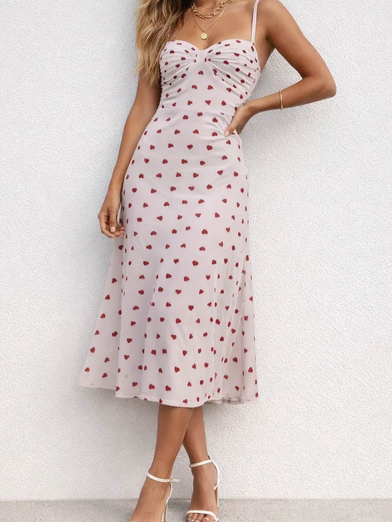 Valentine Heart Lace Trim Neck Cami Midi Dress