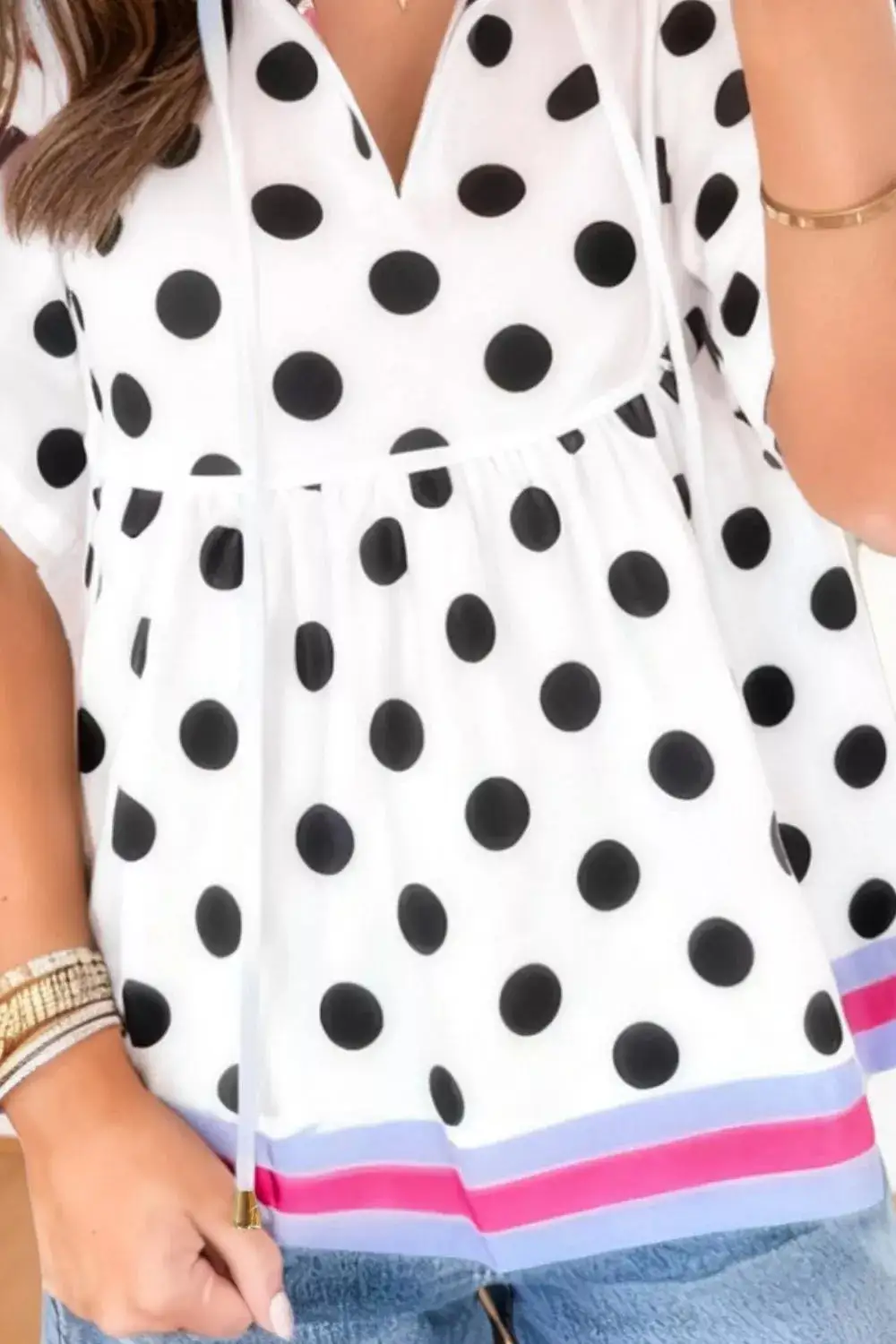 Polka Dot Print Tie Neck Blouse
