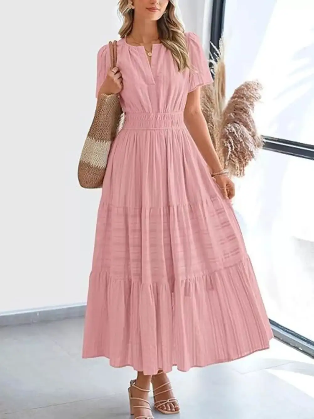 Full Size Short Sleeve Tiered Midi Dress Plus Size
