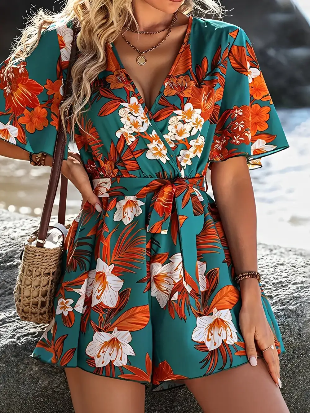 Floral Short-Sleeve V-Neck Tie-Waist Beach Romper