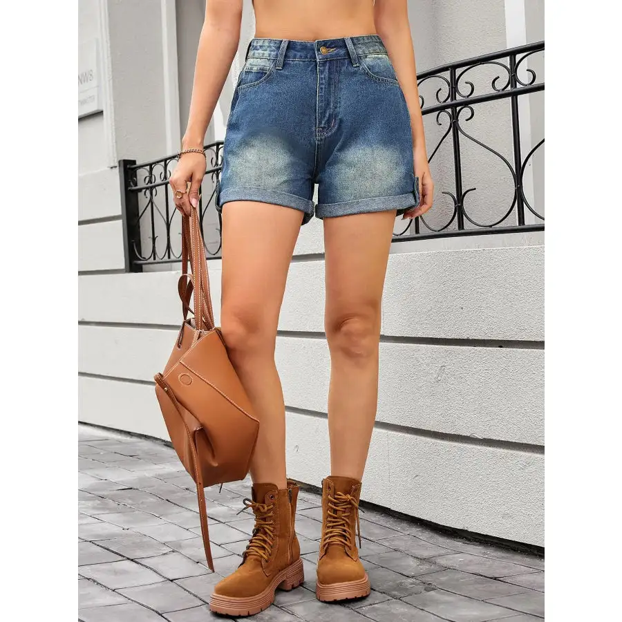 Buttoned Rolled Hem High Waist Pocketed Shorts