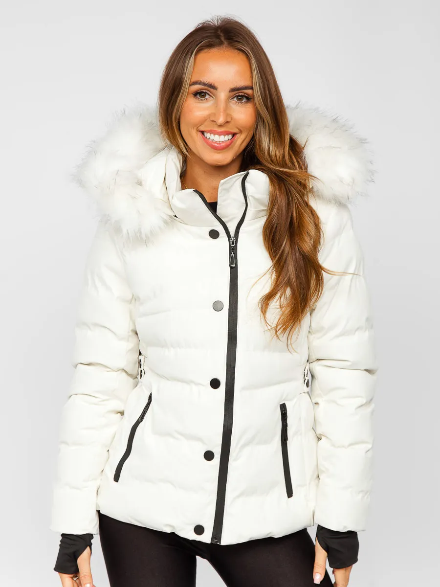 White women's quilted winter jacket with hood